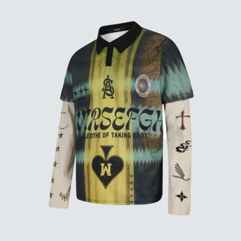 MWJLPWQ Street Style Fake Two-Piece Polo T-shirts Men's American Niche Retro Top Tie-Dye Distressed Unisex Long Sleeve Top 20161