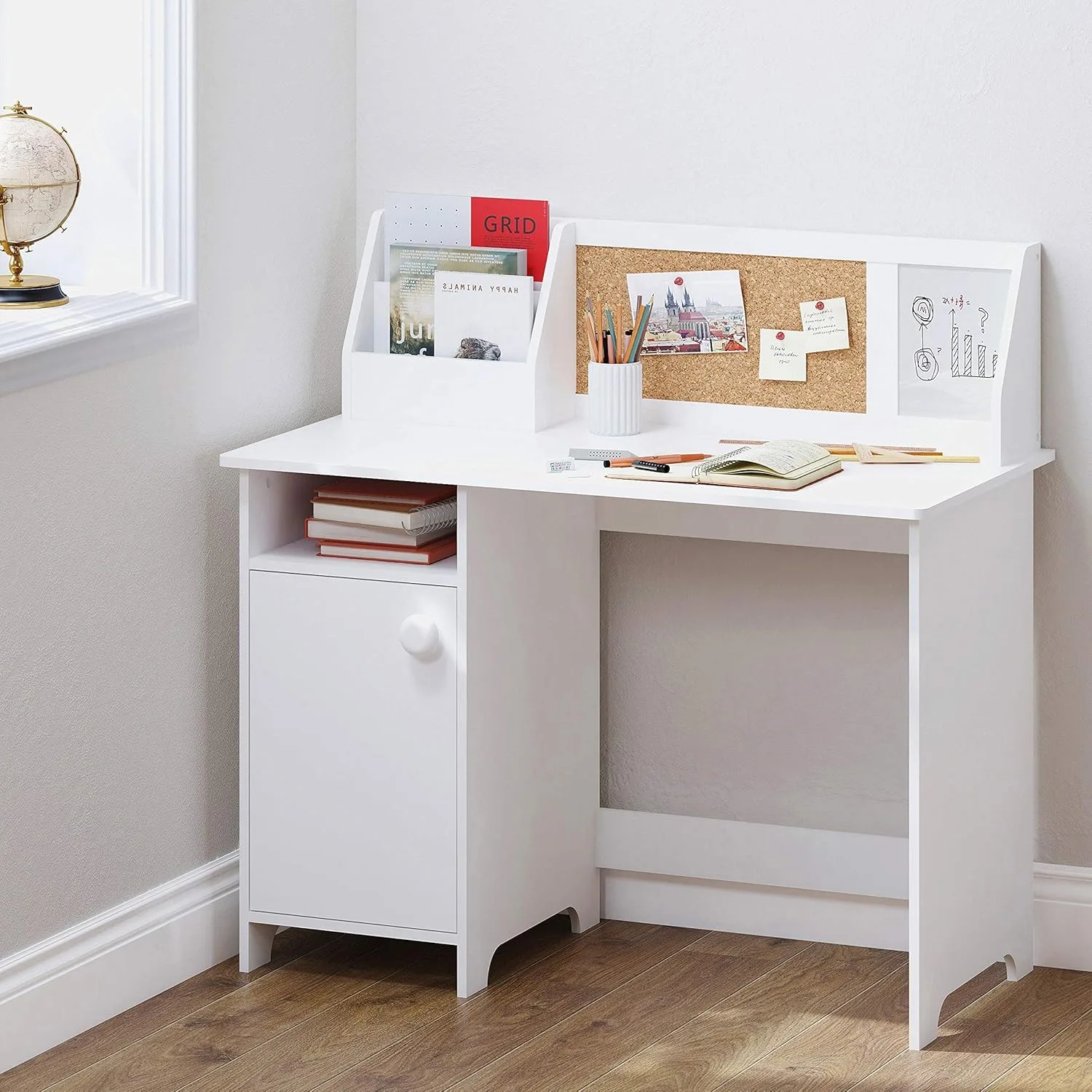 Children's desk with locker, wooden children's school study table with kitchenware and locker, white