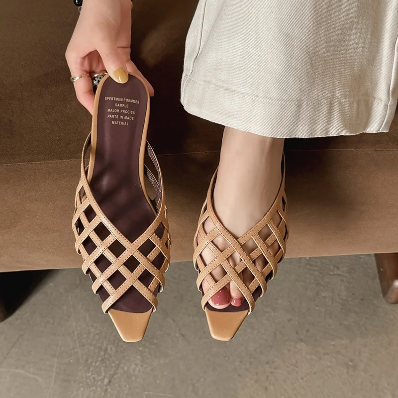 2026 new summer women sandals natural leather 22-25cm pigskin+sheepskin cross-strap hollow-out mules buckle women slippers