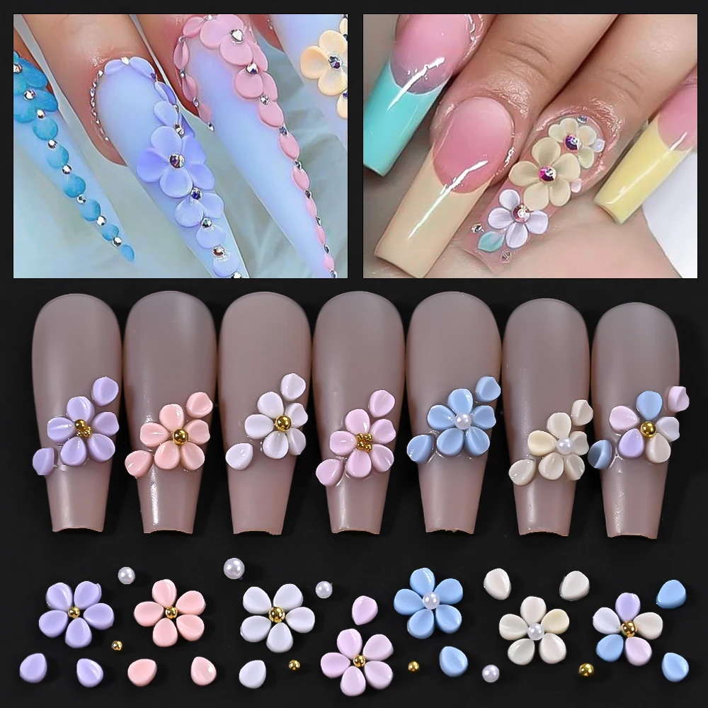 150 Uds. Pétalos acrílicos de colores 3D, decoraciones artísticas para uñas, lindas perlas blancas y cuentas doradas, dijes mixtos, suministros de diamantes de imitación para uñas Y2K