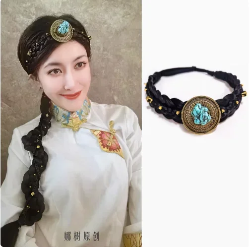 Chinese Tibetan Style Elastic Turquoise Imitation Beeswax Headband Headband