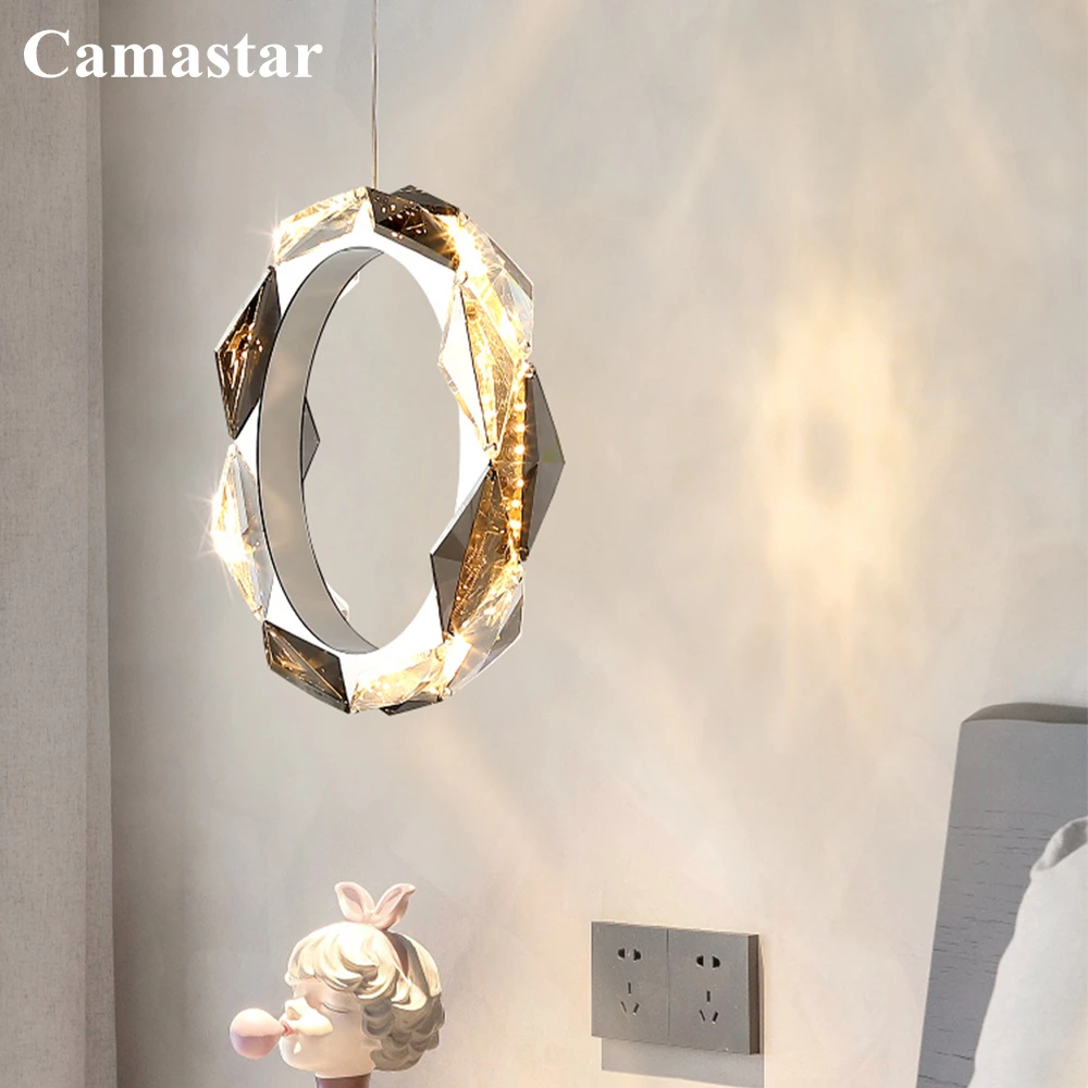 Modern LED Ring Light Clear Smoke Crystal Bedside Pendant Lamp Home Decor Chrome Circle Hanging Lustre Light Fixture for Kitchen