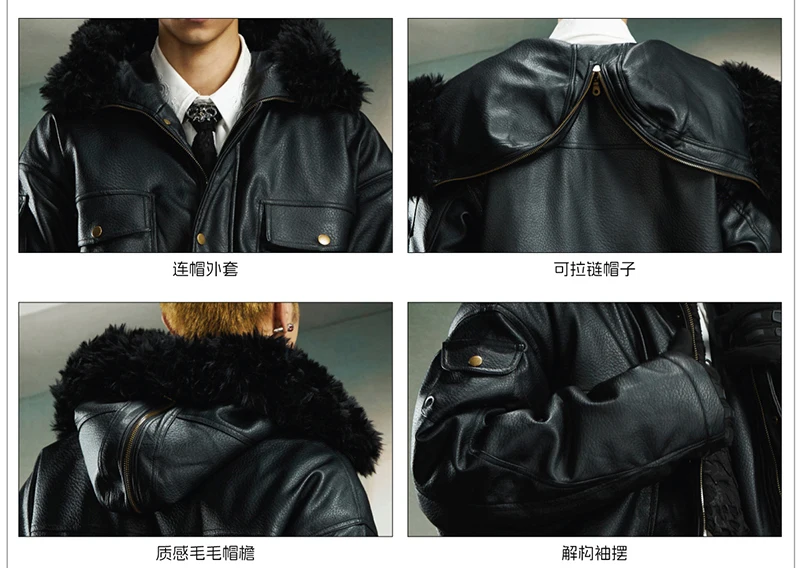 LUZHEN 2025 جديد شخصية سستة الربط فو الفراء مقنعين سترة جلدية الرجال أنيق الأصلي الشارع الذكور معطف مبطّن JY5300