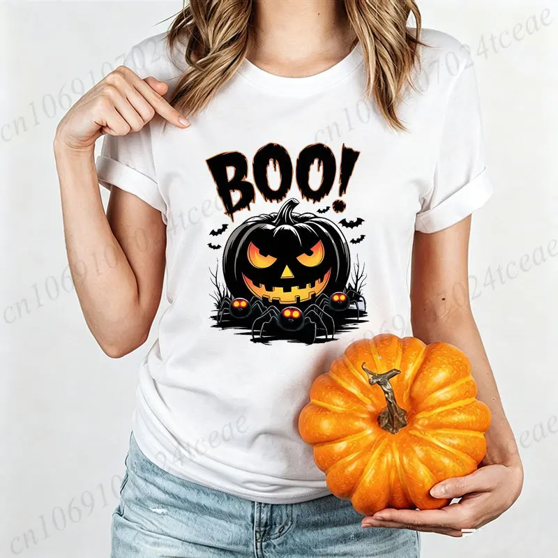 Damen-Halloween-T-Shirt mit Kürbis-Motiv, gruseliger Spinnen- und Fledermaus-Print, kurzärmelig, lässig, für Halloween-Partys und besondere Anlässe.