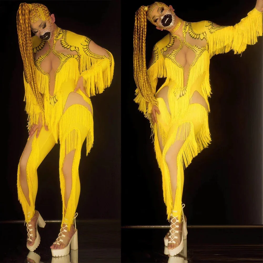 Dames lange mouw uitgehold gele print kwastje strakke jumpsuits nachtclub prestatie kostuum