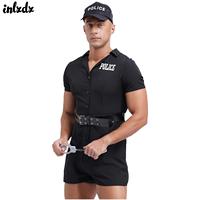 Mens Policeman Drillmaster Cosplay Costumes Short Sleeve Letter Print Rompers Metal Eyelet Belt And Cap Dirty Cop Uniform