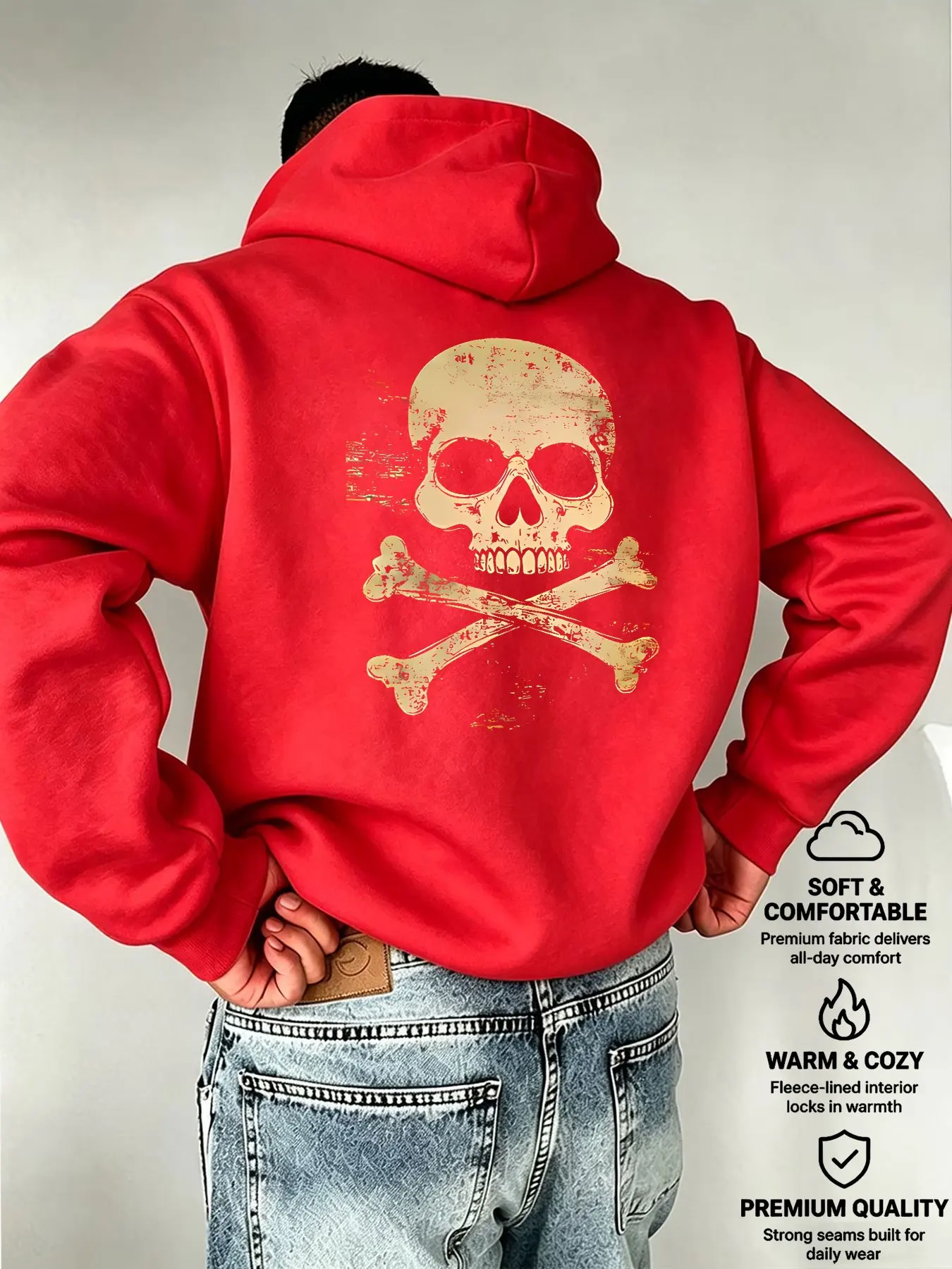 Street style retro distressed skull skeleton print men's hooded sweater - Hip-hop, sporty, gothic style loose hooded hoodie