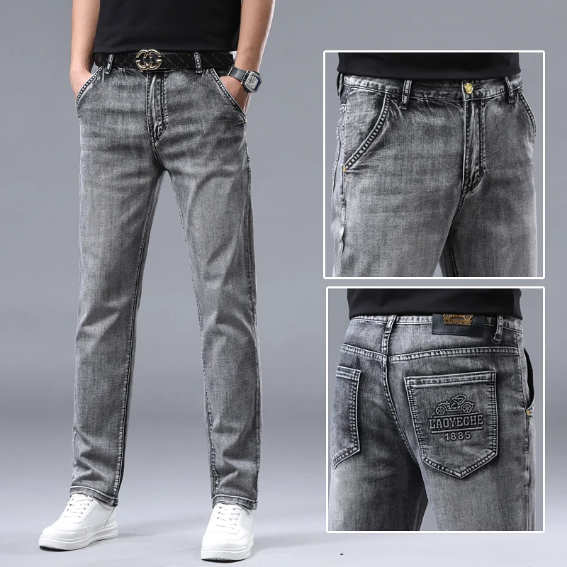 Vintage smoky gray men\'s jeans high-grade fashion versatile lightweight business straight casual washed men\'s pants