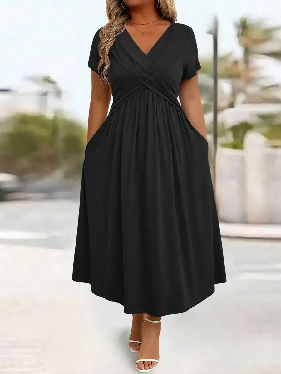 

Plus Size V Neck Twist Front Solid Black Midi Dress with Pockets for Casual Wear