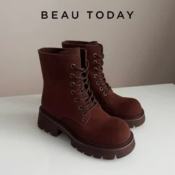 BEAUTODAY Yellow Ankle Boots Women Cow Suede Lace up Platform Chunky Heels Outdoor Vintage Short Booties Female 04654