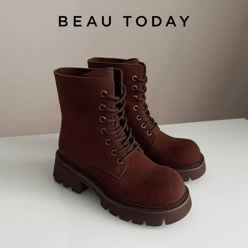 BEAUTODAY żółte botki damskie krowa zamszowe zasznurowane platformy masywne obcasy Outdoor Vintage krótkie botki damskie 04654