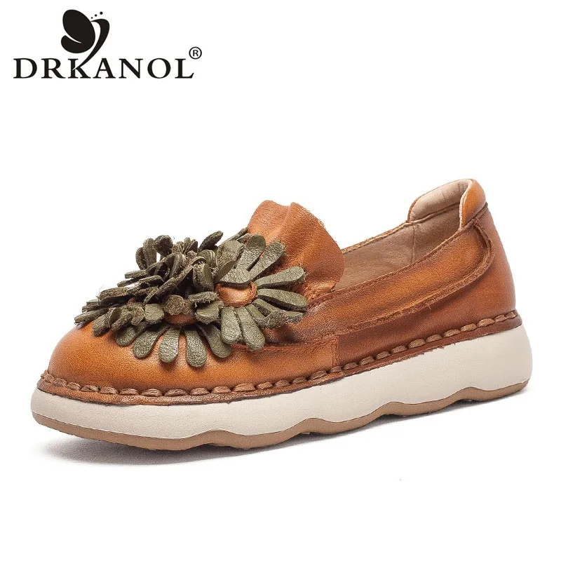 DRKANOL Women Flat Shoes Spring Autumn Retro Style Shallow Genuine Cow Leather Slip On Loafers Literary Flowers Casual Shoes