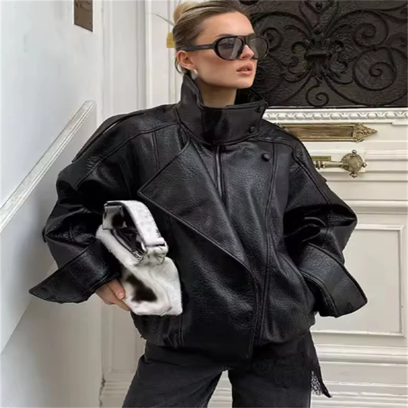 Giacca in ecopelle autunno/inverno con texture Litchi 2025 Nuova moda elegante stile popolare per le donne