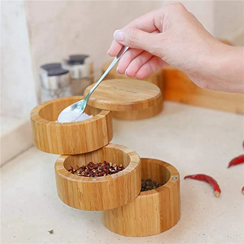 

A74U 2X Bamboo Triple Salt Box,Wood Box,3-Tier Round Bamboo Box For Salt Or Spice With Magnetic Swivel Lid Spice Storage Box
