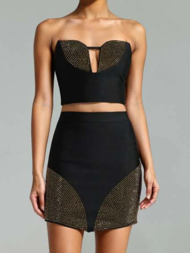 

Sexy Black Sleeveless Diamond Crop Top + Mini Bodycon Skirts Bandage Two-Piece Set Women‘s Suits Elegant Evening Party Sets