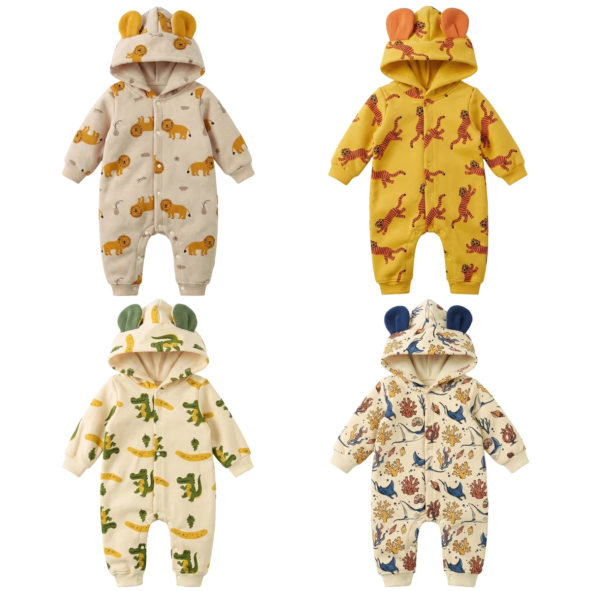 Winter-Wärme-Baby-Overalls für Jungen, Langarm, Verdickt, mit Kapuze, Niedlicher Cartoon-Tierdruck, Kleidung für Säuglinge – Detail 1