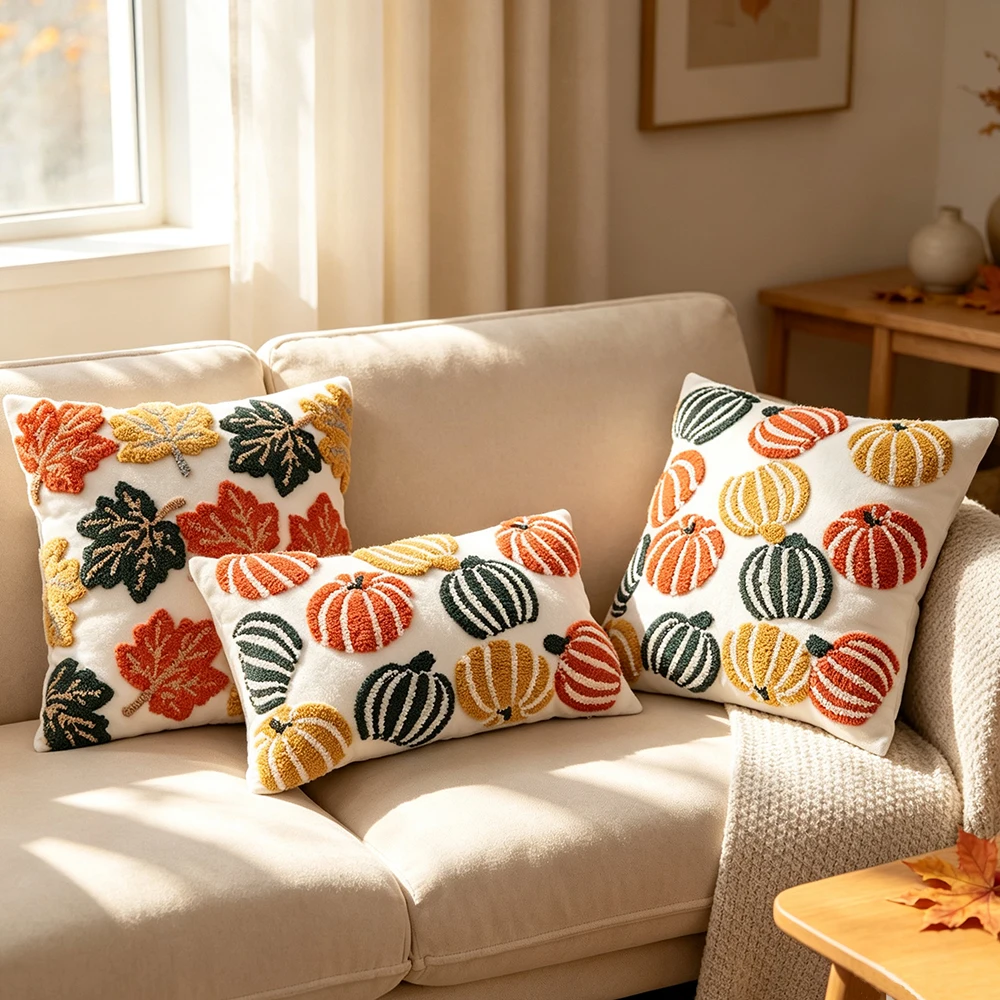 BUYNOW 1PC Halloween Hoop Velvet Embroidered Colored Pumpkin Maple Leaf Pillowcase Bedroom Accent Pillowcase Modern Home Decor