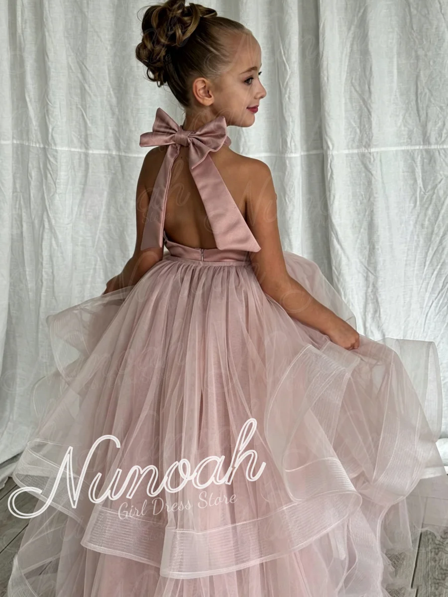 Pink Tulle Flower Girl Dress For Wedding with Trail Bow Sleeveless Floor Length Birthday Party First Communion Gowns Customized