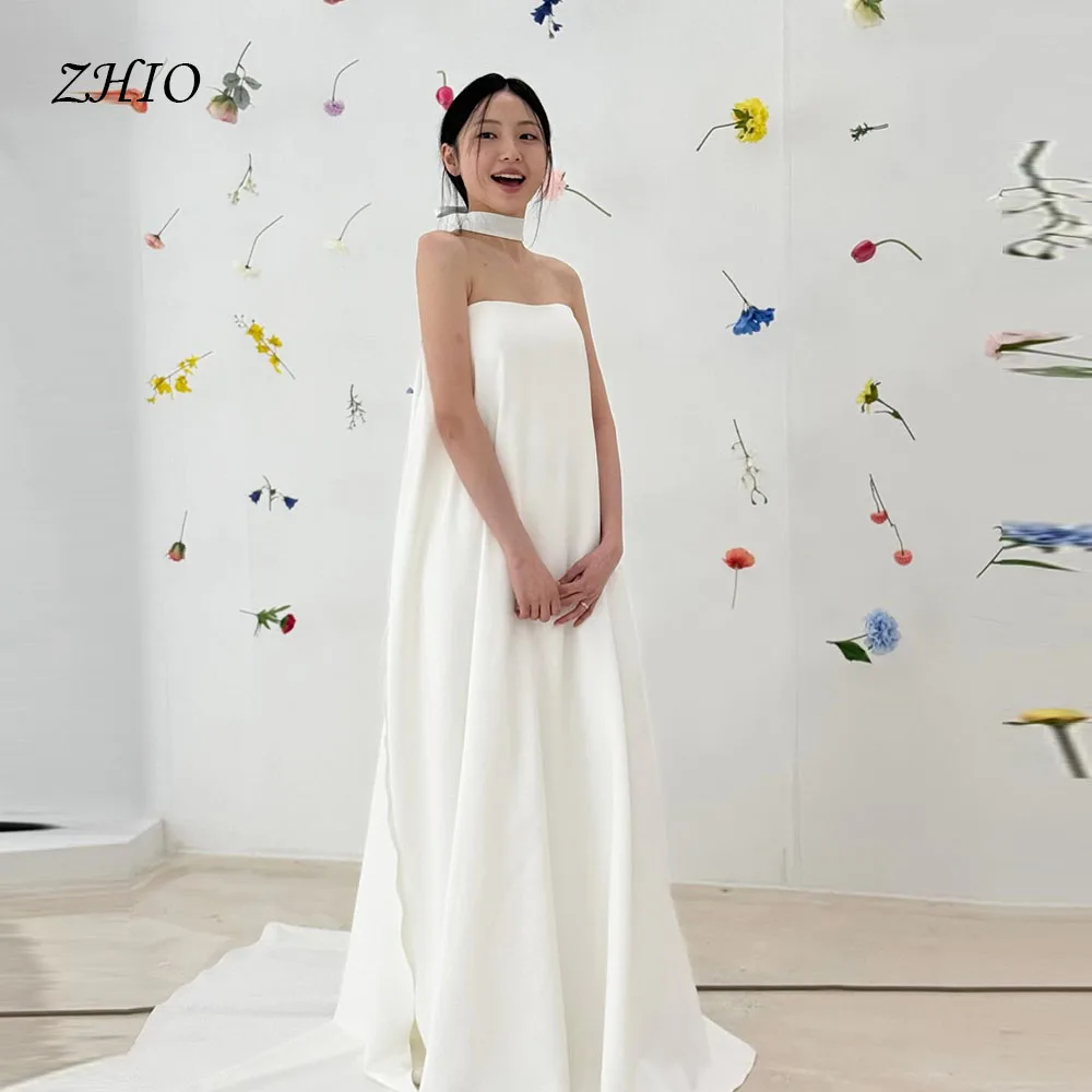 

ZHIO Simple Korean a-line Wedding Satin Strapless Customized Floor Length Romantic Wedding Shooting Dresses Formal Occasion