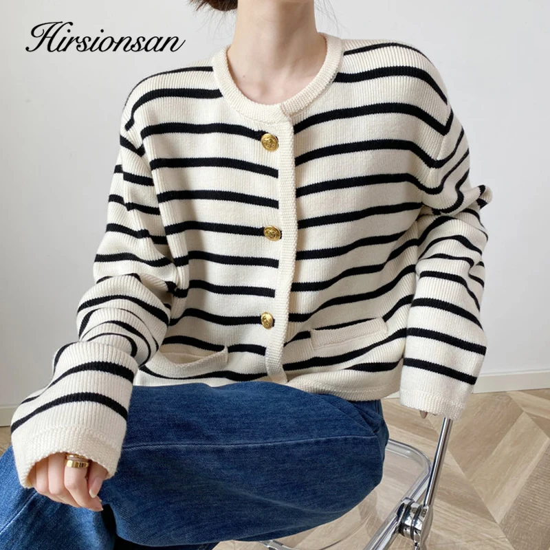 Hirsionsan Vintage Striped Women Sweater 2023 New Western Style Warm Knitted Female Cardigan Loose O Neck Ladies Short Tops