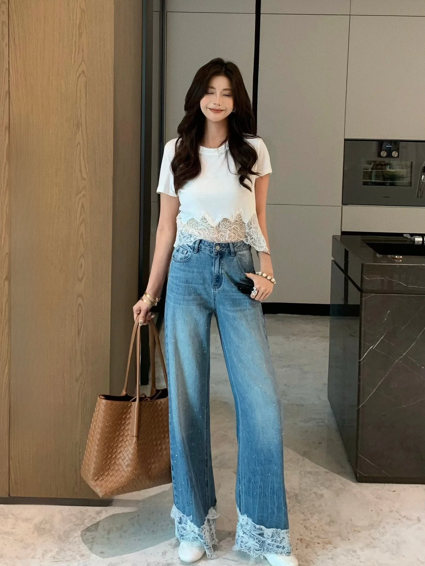 

Новые джинсы Dadada с блестками и кружевом, женские, прямого кроя, летние, из смесового хлопка, с естественной талией, теплые