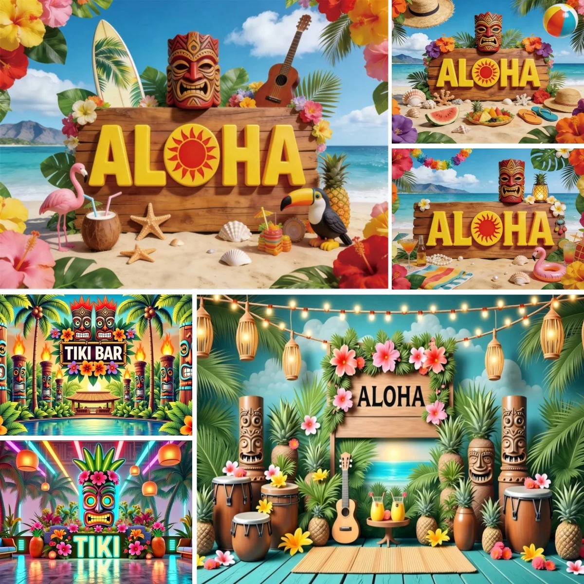 Hawaiian Tiki Bar Photography Backdrop Summer Luau Aloha Ban