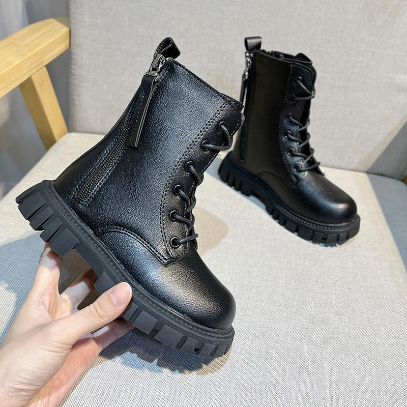 Black Girls Boots with Anti Slip and Waterproof Flat Heel Midsole Back Zipper Winter Microfiber Leather Fashion Boots De Mujer