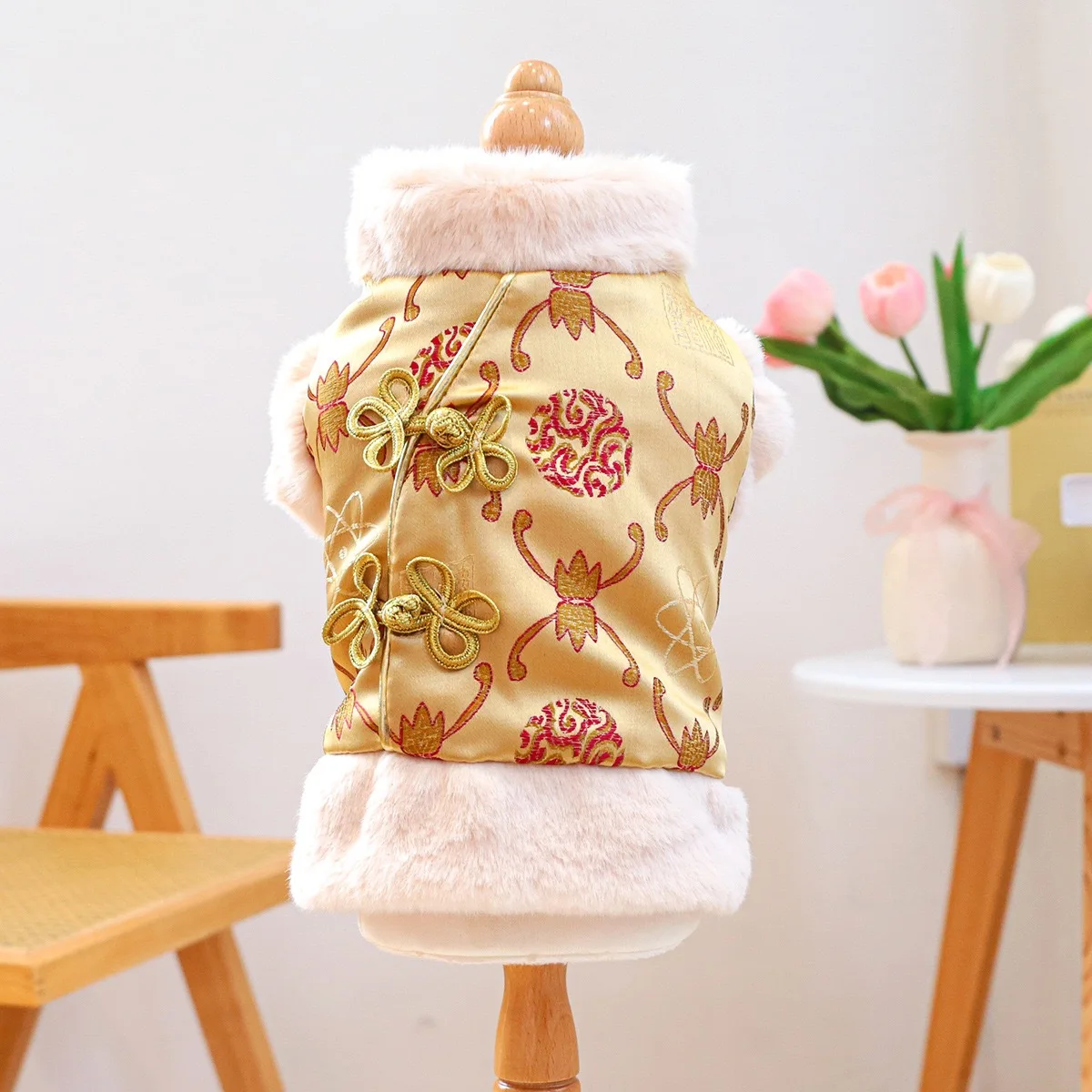 

New Year Winter Clothes for Small Dogs Golden Chinese Knot Traditional Cotton Pet Cat Overalls Thick Fleece French Bulldog Coats