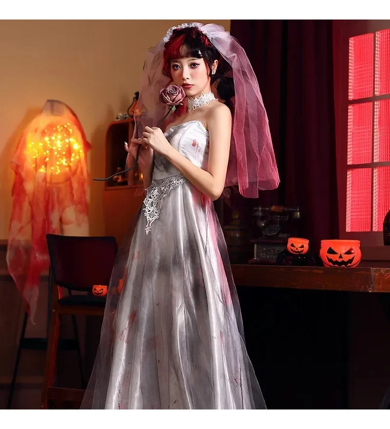 Adult Corpse Bride Costume Classic Long Creepy Zombie Women's Roleplay Cosplay Carnival Halloween Fancy Party Dress - view 3