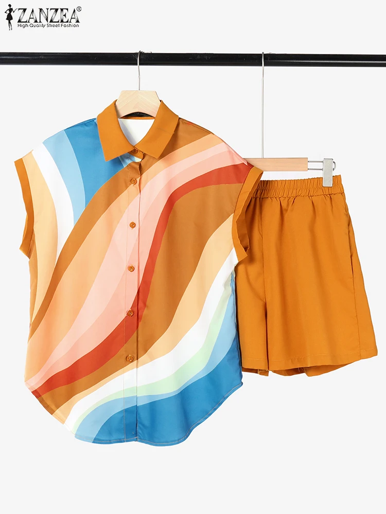 Frauen Kurze Sets ZANZEA Sommer 2025 Vintage Gedruckt Zwei-stück Outfits Mode 2 stücke Revers Kurzarm Top und shorts Casual Sets