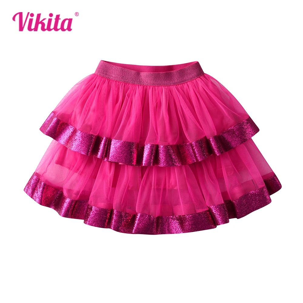 

VIKITA Girls Mini Skirts Kids Mesh Layered Tulle Birthday Party Prom Gown Evening Performance Skirts Kids Sequins Red Tutu Skirt