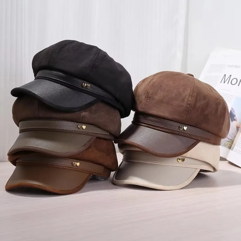Gifts Faux Leather Women's Octagonal Newsboy Cap Love Spliced Baker Boy Hat Sun-Shading Brim Duckbill Cap Fall Winter Wear
