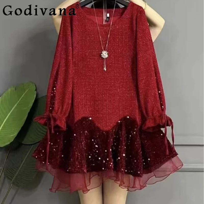 

Осенне-зимнее женское платье большого размера с круглым вырезом, кружевными вставками, длинное, с завышенной талией, А-силуэт, универсальное, омолаживающее, в корейском стиле