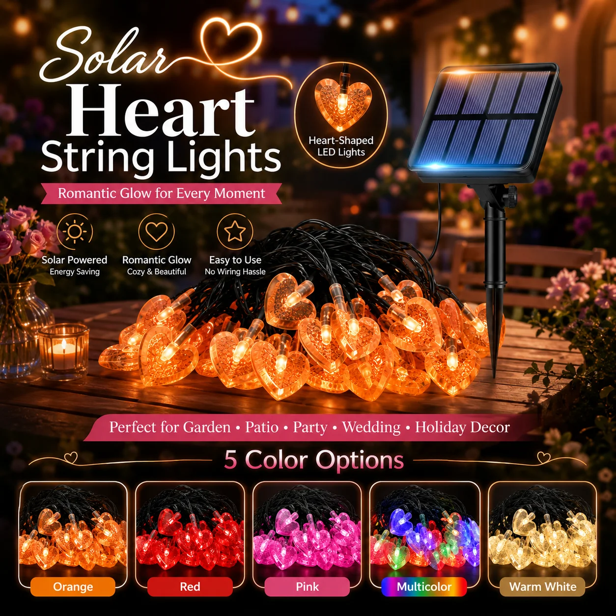 Solar Heart String Lights 5 Colors Outdoor Garden Fairy Lights Romantic LED Garland for Patio Yard Fence Wedding Party Holiday D