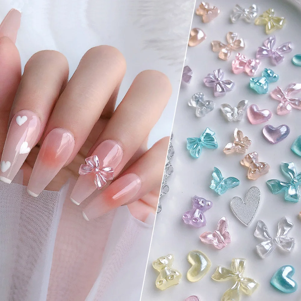 

50pcs Mixed Pack Nails Art Decorations for Pink Bear Figures Shiny Highlight Bow Ribbon Series DIY Korea Nail Accessories