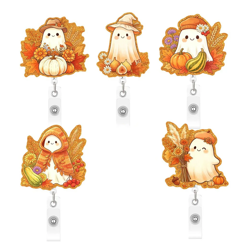 Retractable Badge Reel Thanksgiving Fall Theme Glitter Acrylic ID Badge Holder With Pumpkin Maple Leaf Ghost Badge Accessories