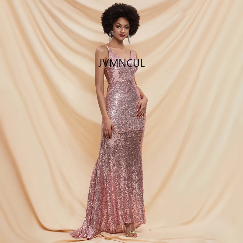 2025 Vestido de noche sin espalda de nuevo estilo con lazo y lentejuelas brillantes, vestido de noche sin mangas con cola halter para mujer en stock