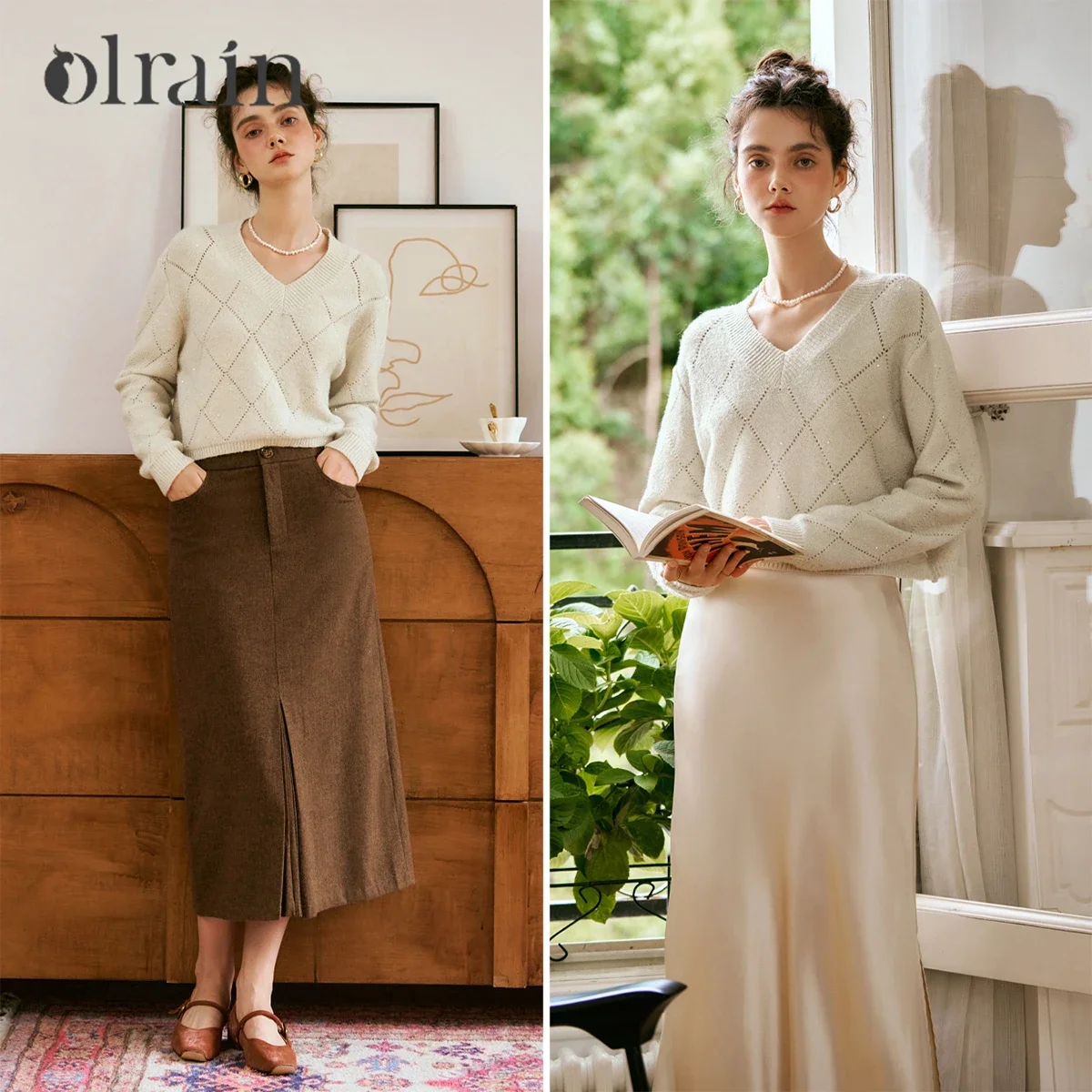 OLrain Sequined Knitted Pullovers for Women 2025 Autumn Loose Crzy Hollow  Bright Line Ladies Cropped Elegant Top N56QM93826