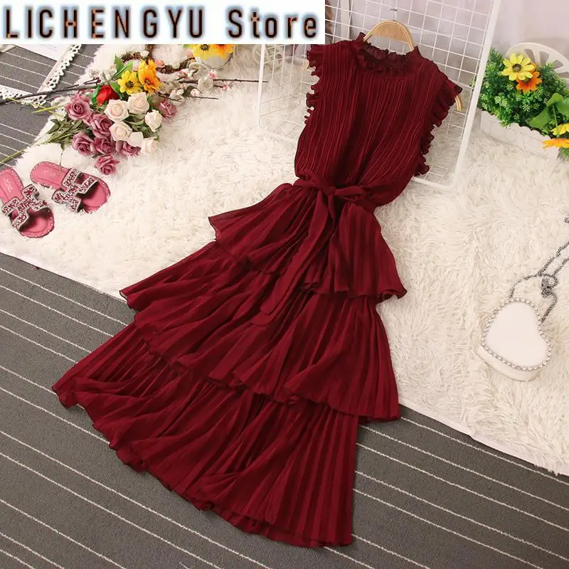 French Stylish Solid Wooden Ear Strap Vestido Women Sweet Belt Lace-up Tierred Pleated Dress New Tide Summer