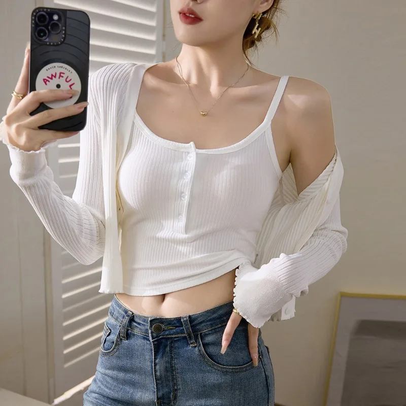

Strap women's summer button short style with exposed belly button base and U-neck, pure desire to expose the back