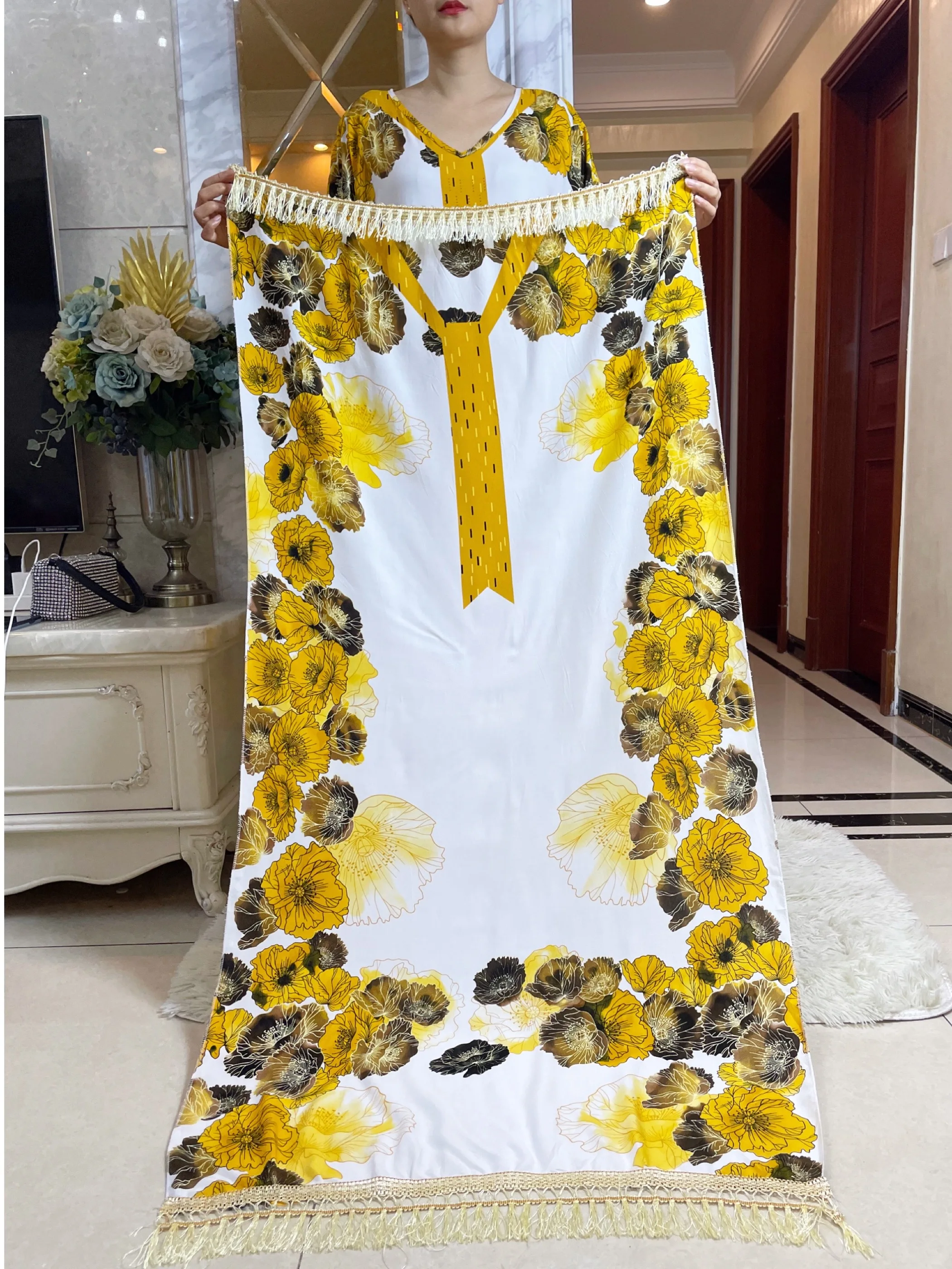 Summer Short Sleeve Printing Cotton Dress With Big Scarf African Dashiki Floral  Loose diamants Caftan Lady  Maxi Casual Vestido