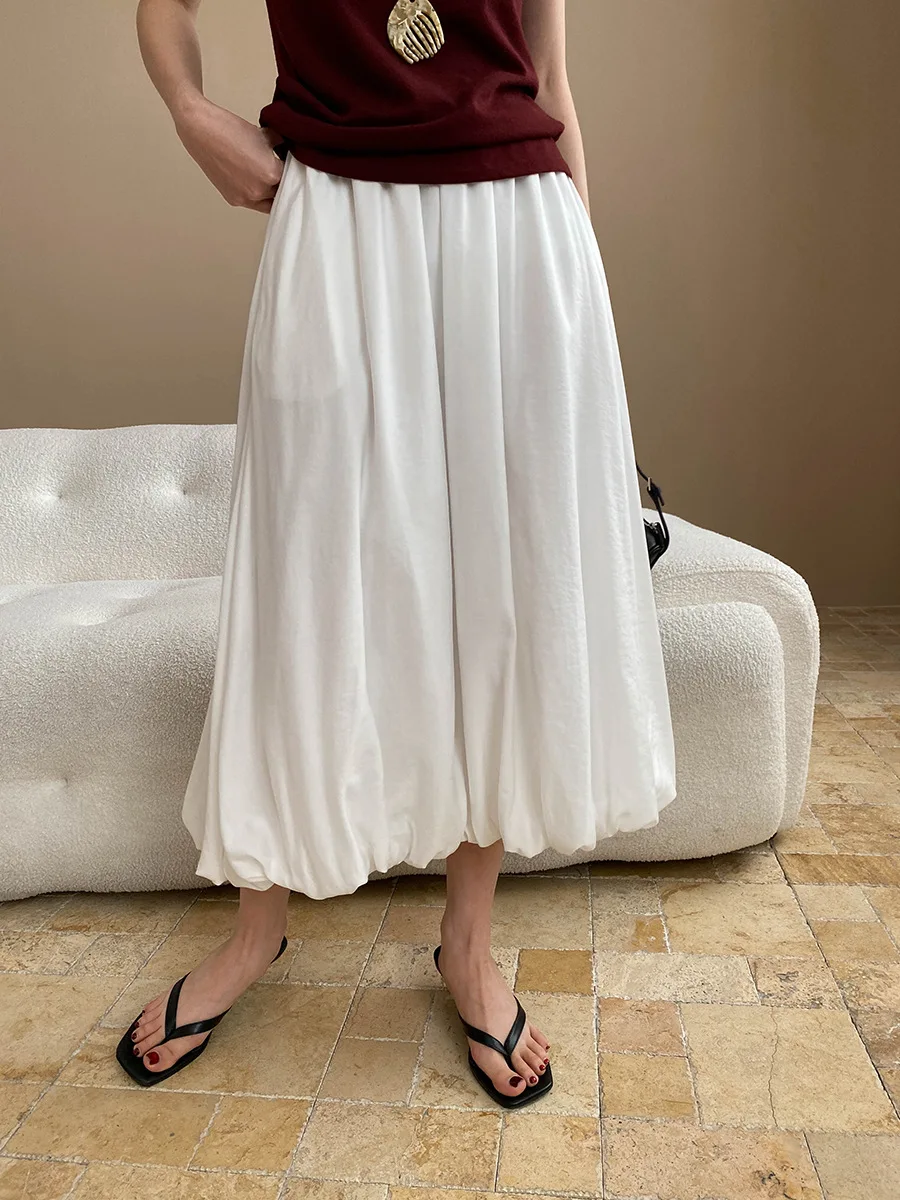 

French 3D Pleated Elastic Waist Flower Bud A-Line Skirt 2025 Summer Fashion Women Midi Skirt