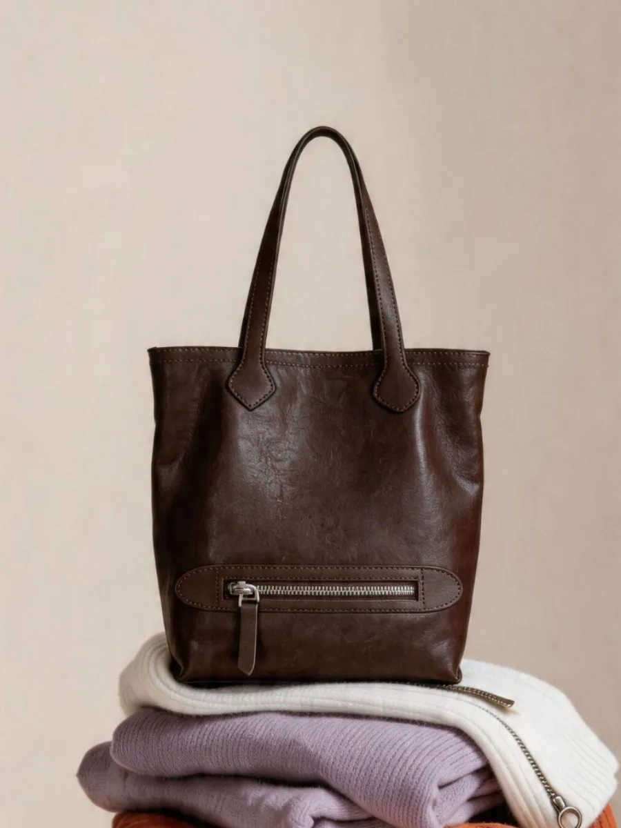 

2026 New Women Genuine First Layer Cowhide Tote Bag Large Capacity Commuter Handbag Minimalist Underarm Shoulder Bag