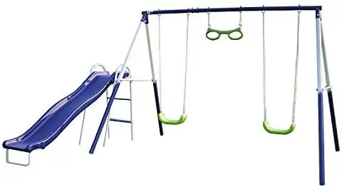 Vista Metal Swing and Slide Set: 2 Swings, 1 Trapeze, 1 Wavy Slide and Bonus 4pc Anchor Kit - Exceeds AS Safety Stands