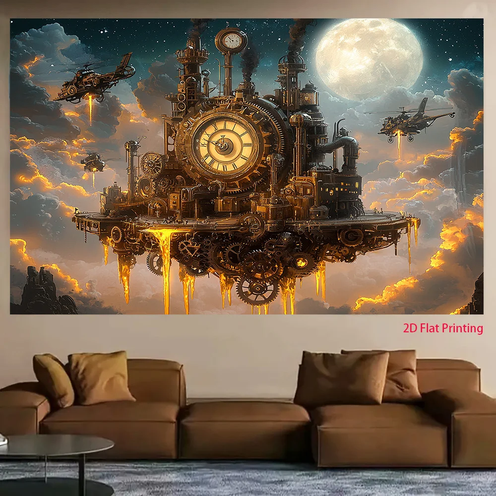 Steampunk Clockwork Fantasy Art Tapestry Wall Decor Industrial Airship Giant Machine Poster Sci Fi Gothic Home Decor Print Canva
