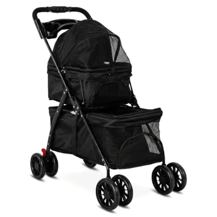 Double pet stroller for small cats and dogs: lightweight aluminum frame, black finish, foldable design with safety belts, cup h