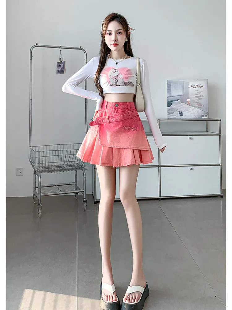 2024 Women's Spring/Summer Barbie Pink Gradient Denim Short Skirt Fashion American Spicy Girl Y2K Subcultural Pleated Cute Skirt