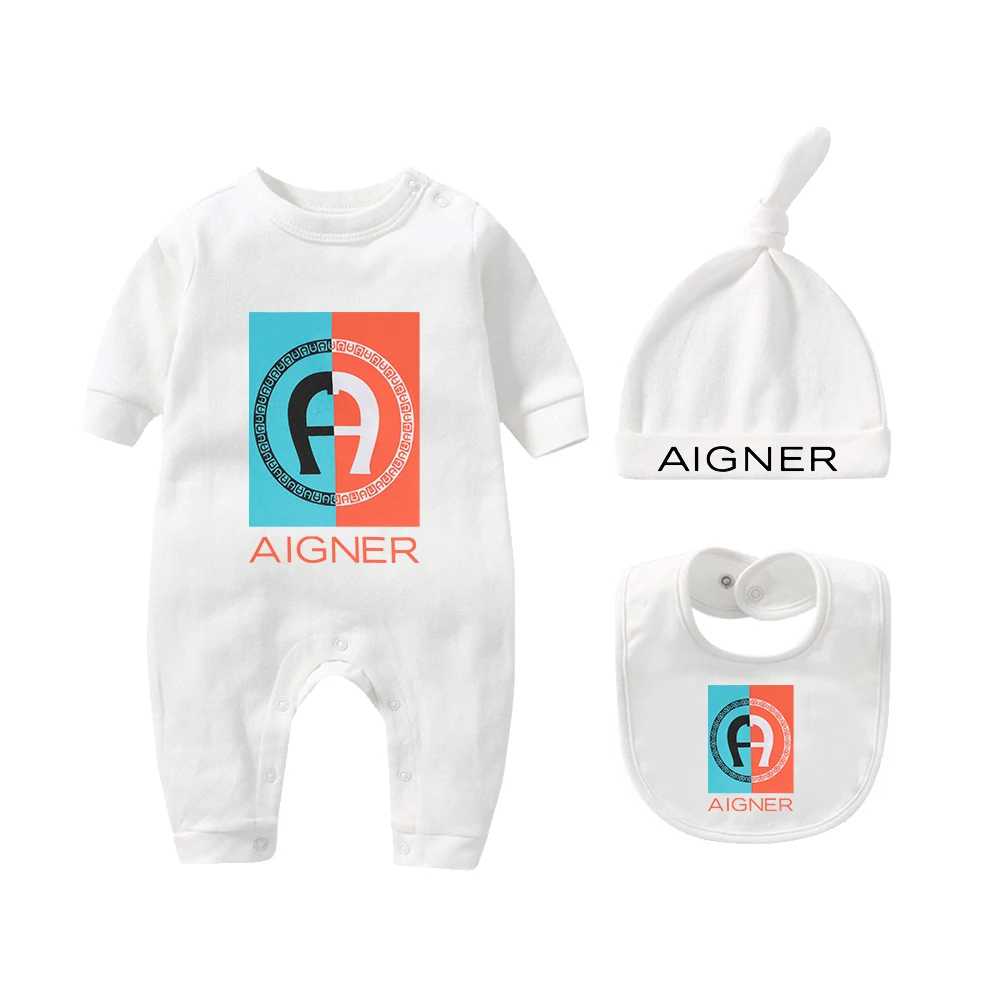 ملابس خريفية لحديثي الولادة من القطن الخالص 100% مع طباعة حروف الأكثر مبيعًا وشاح ناعم وقبعة للأطفال الصغار طقم بذلة بأكمام طويلة