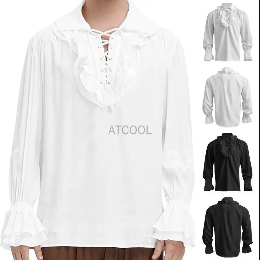 

Medieval Men Victorian Shirts Women Renaissance Ruffle Blouse Jabot Tie Drawstring Pirate Romeo Cosplay Prince Knight Costume