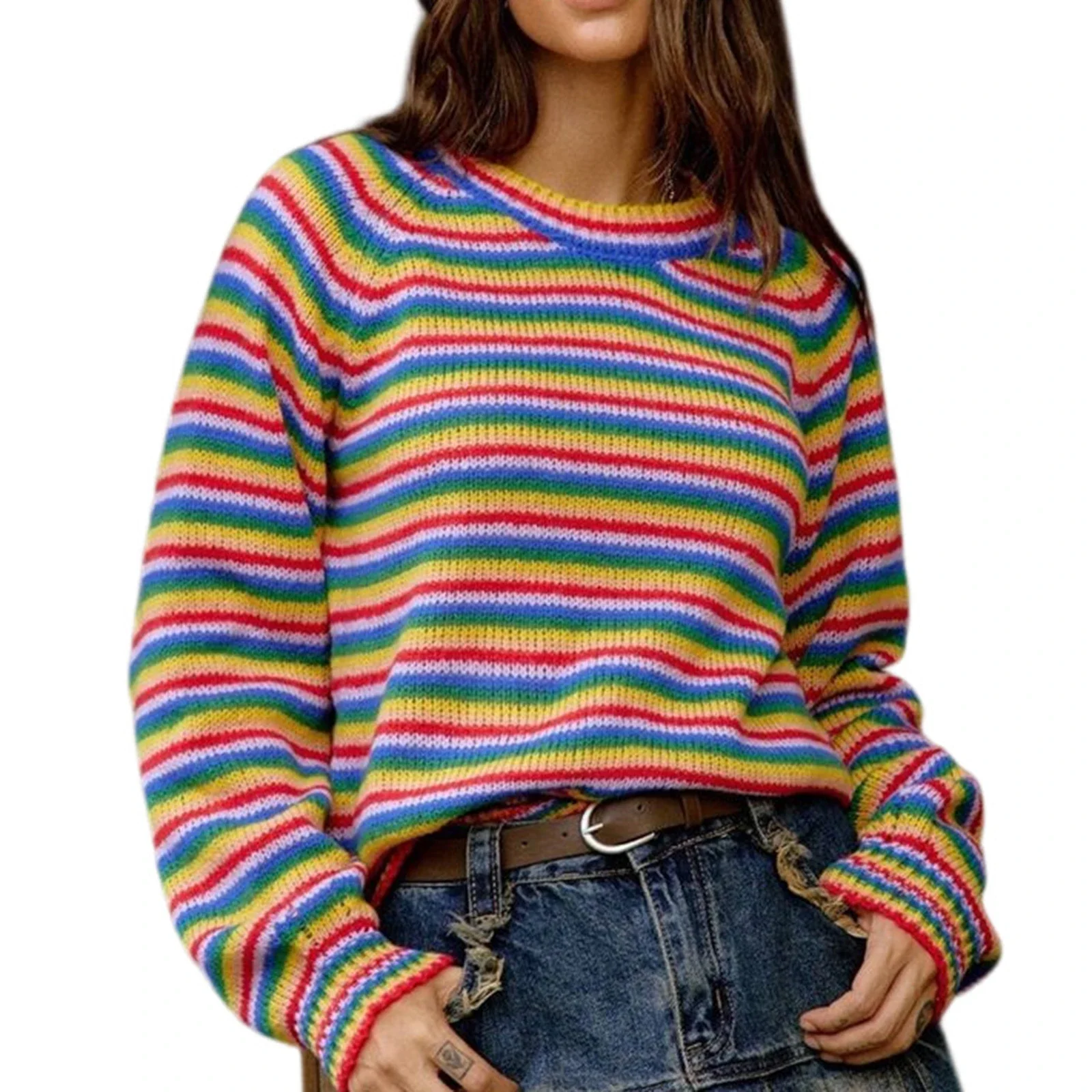 

Loose Casual Knitted Sweaters Classic Retro Sweatshirt Women's Winter Long-Sleeved Rainbo Stripe Knit Cre Neck Pullover Sweater